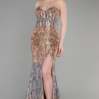 Bakır Straplez Bacak Dekolteli Uzun Pullu Balık Abiye ABU3613