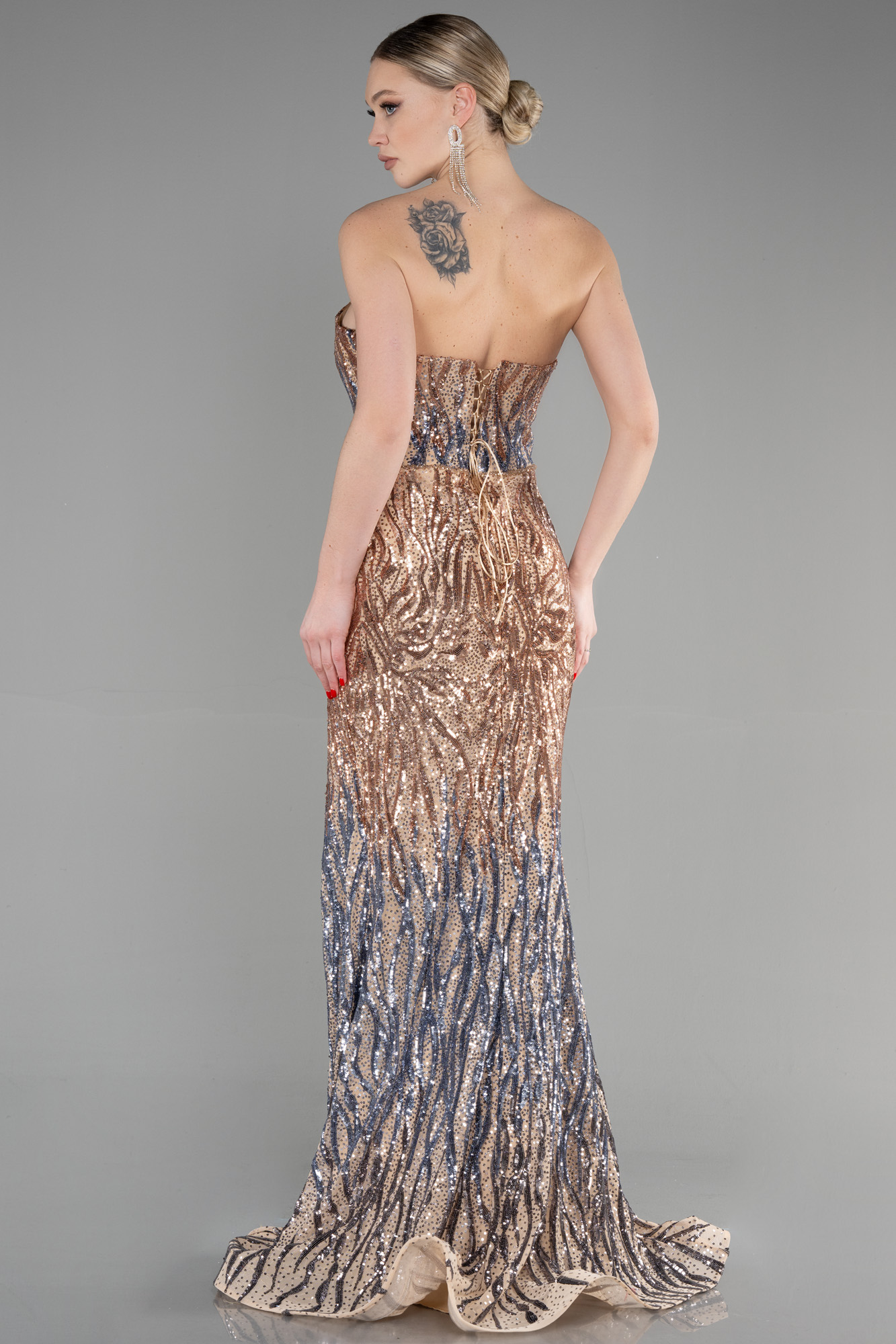 Bakır Straplez Bacak Dekolteli Uzun Pullu Balık Abiye ABU3613 - Görsel 2