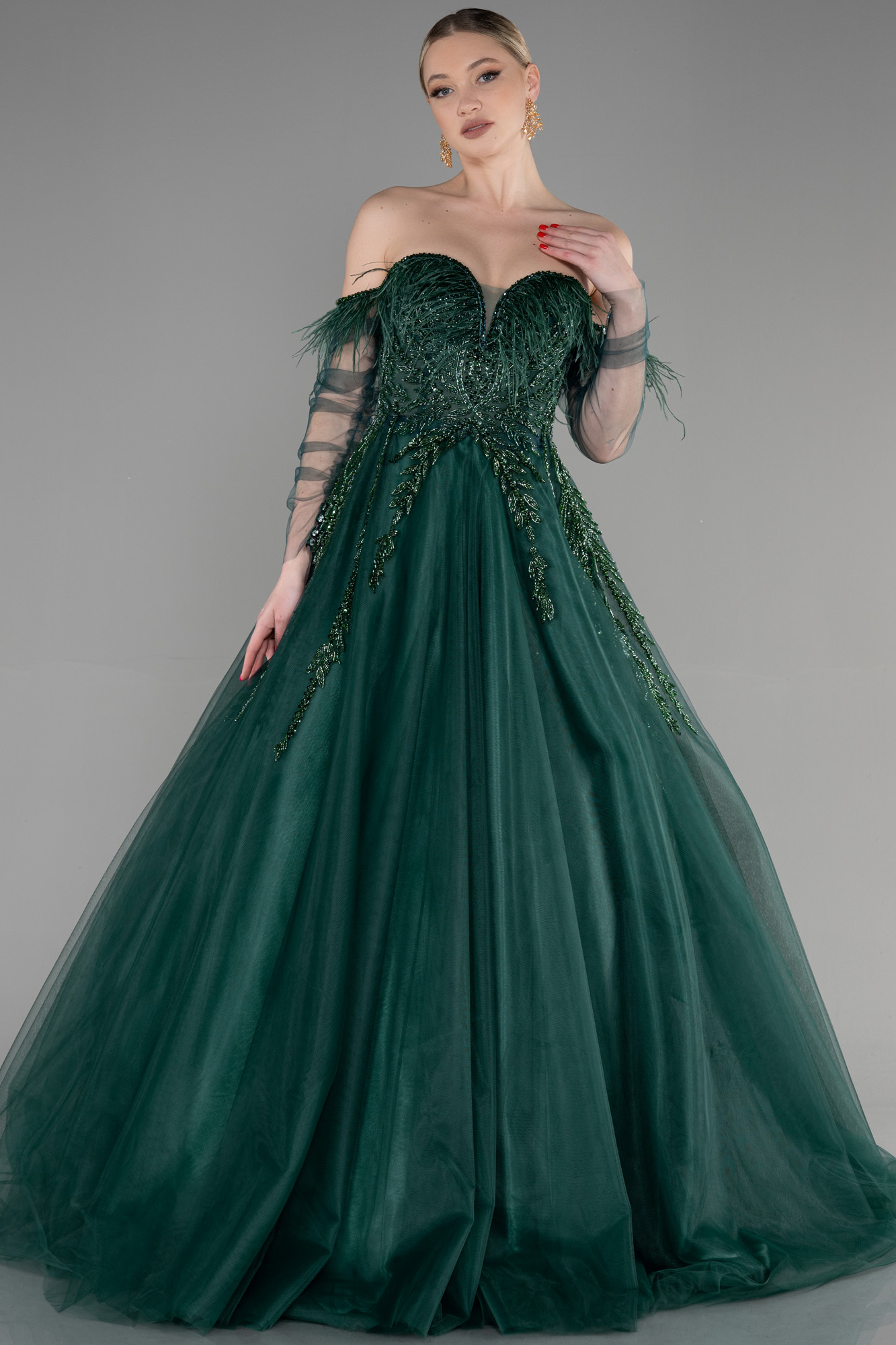 Zümrüt Yeşili Üstü İşlemeli Uzun Özel Tasarım Abiye ABU3593 - Görsel 2