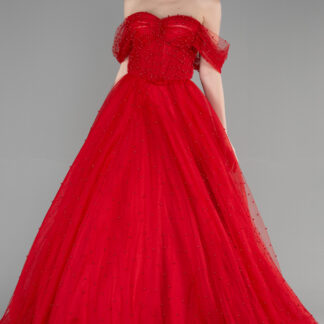 Kırmızı Kayık Yaka Boncuklu Uzun Özel Tasarım Abiye ABU3599