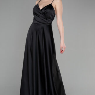 Siyah Askılı Uzun Saten Mezuniyet Elbisesi ABU3610