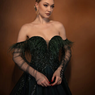 Zümrüt Yeşili Üstü İşlemeli Uzun Özel Tasarım Abiye ABU3593