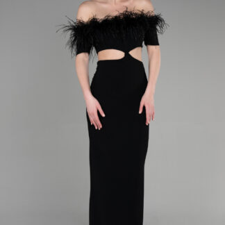 Siyah Kayık Yaka Cut Out Detay Abiye Elbise ABU3602