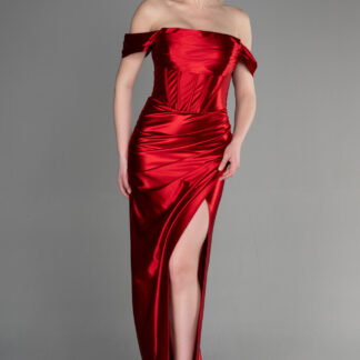 Kırmızı Kayık Yaka Bacak Dekolteli Uzun Saten Abiye ABU3611