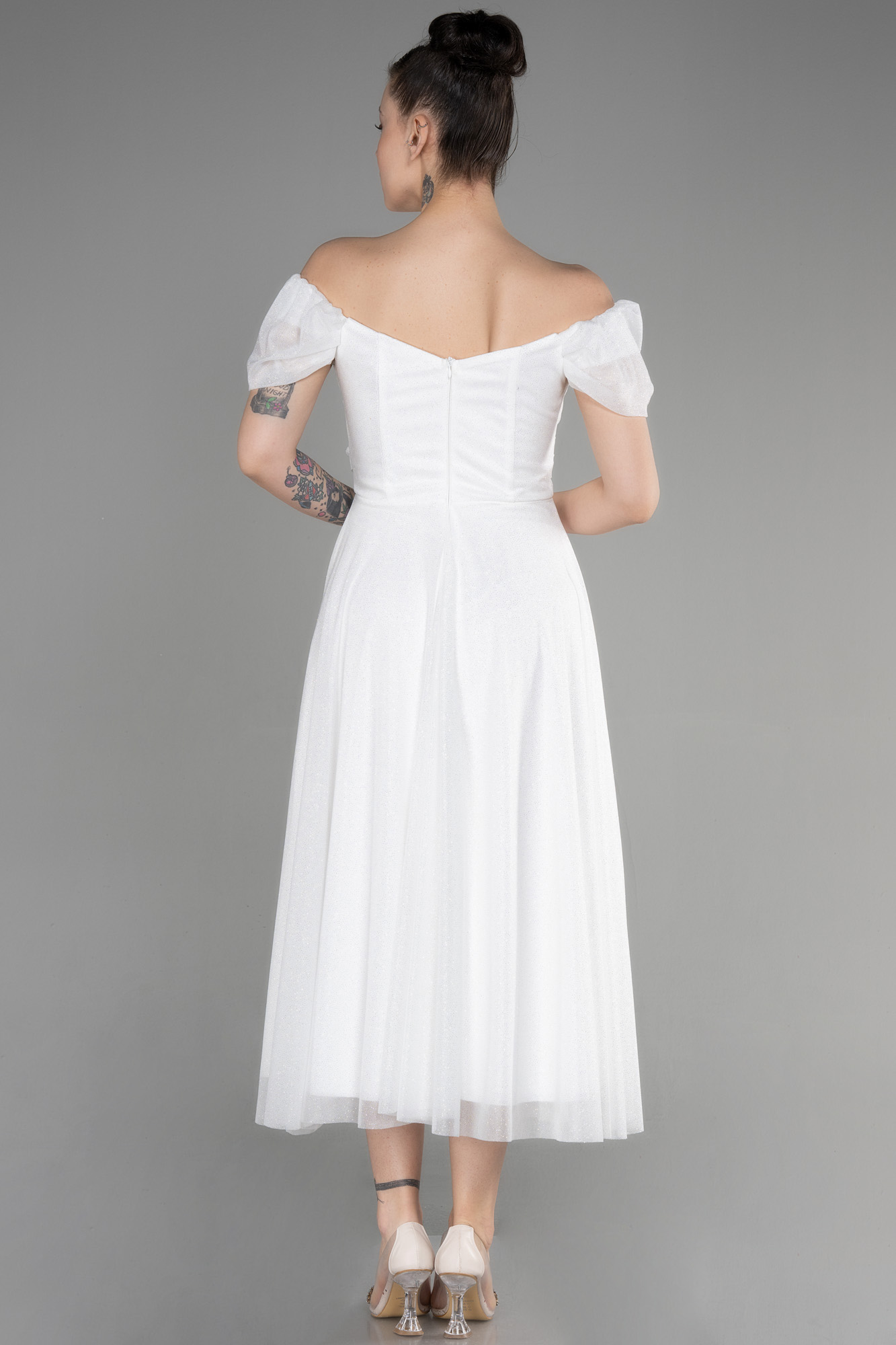 Ekru Kayık Yaka Göğüs Drapeli Midi Simli Davet Elbisesi ABK1978 - Görsel 2