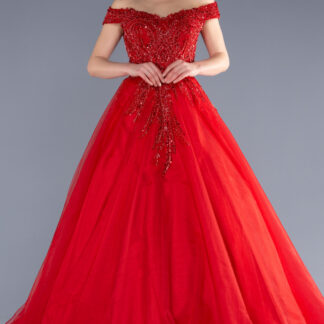 Kırmızı İşlemeli Kayık Yaka Uzun Özel Tasarım Abiye ABU3662