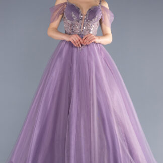 Lavanta Üstü İşlemeli Uzun Özel Tasarım Nişan Elbisesi ABU3663