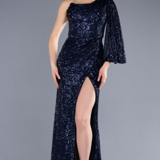 Lacivert Tek Omuz Bacak Dekolteli Uzun Pul Payet Abiye ABU3667