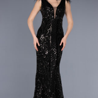 Siyah Kolsuz Otriş Detay Uzun Pullu Nişan Elbisesi ABU3669