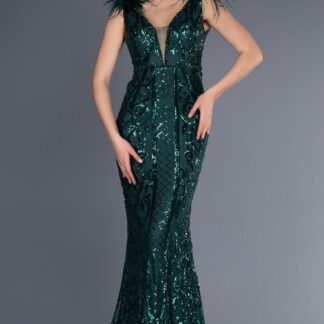 Zümrüt Yeşili Kolsuz Otriş Detay Uzun Pullu Nişan Elbisesi ABU3669