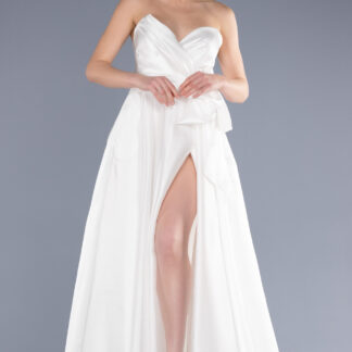 Ekru Straplez Bacak Dekolteli Uzun Saten Abiye Elbise ABU3674