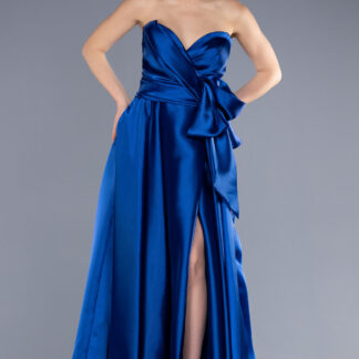 Saks Mavi Straplez Bacak Dekolteli Uzun Saten Abiye Elbise ABU3674