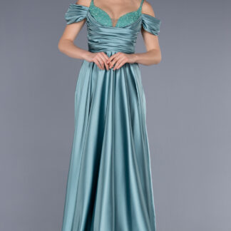 Mint Göğüs Taşlı Uzun Saten Abiye Elbise ABU3678