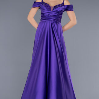 Mor Göğüs Taşlı Uzun Saten Abiye Elbise ABU3678
