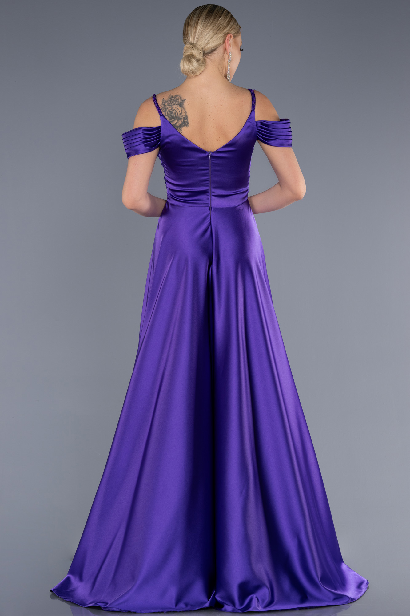 Mor Göğüs Taşlı Uzun Saten Abiye Elbise ABU3678 - Görsel 2