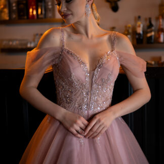 Pudra Üstü İşlemeli Uzun Özel Tasarım Nişan Elbisesi ABU3663