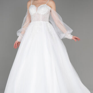 Ekru Omuz Dekolteli Uzun Kol İşlemeli Uzun Gelinlik ABG117