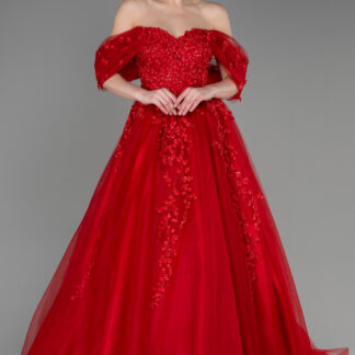 Kırmızı Kayık Yaka Üç Boyutlu Uzun Özel Tasarım Abiye ABU3600