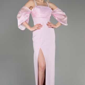 Pudra Askılı Kol Aksesuarlı Yırtmaçlı Uzun Abiye ABU2911