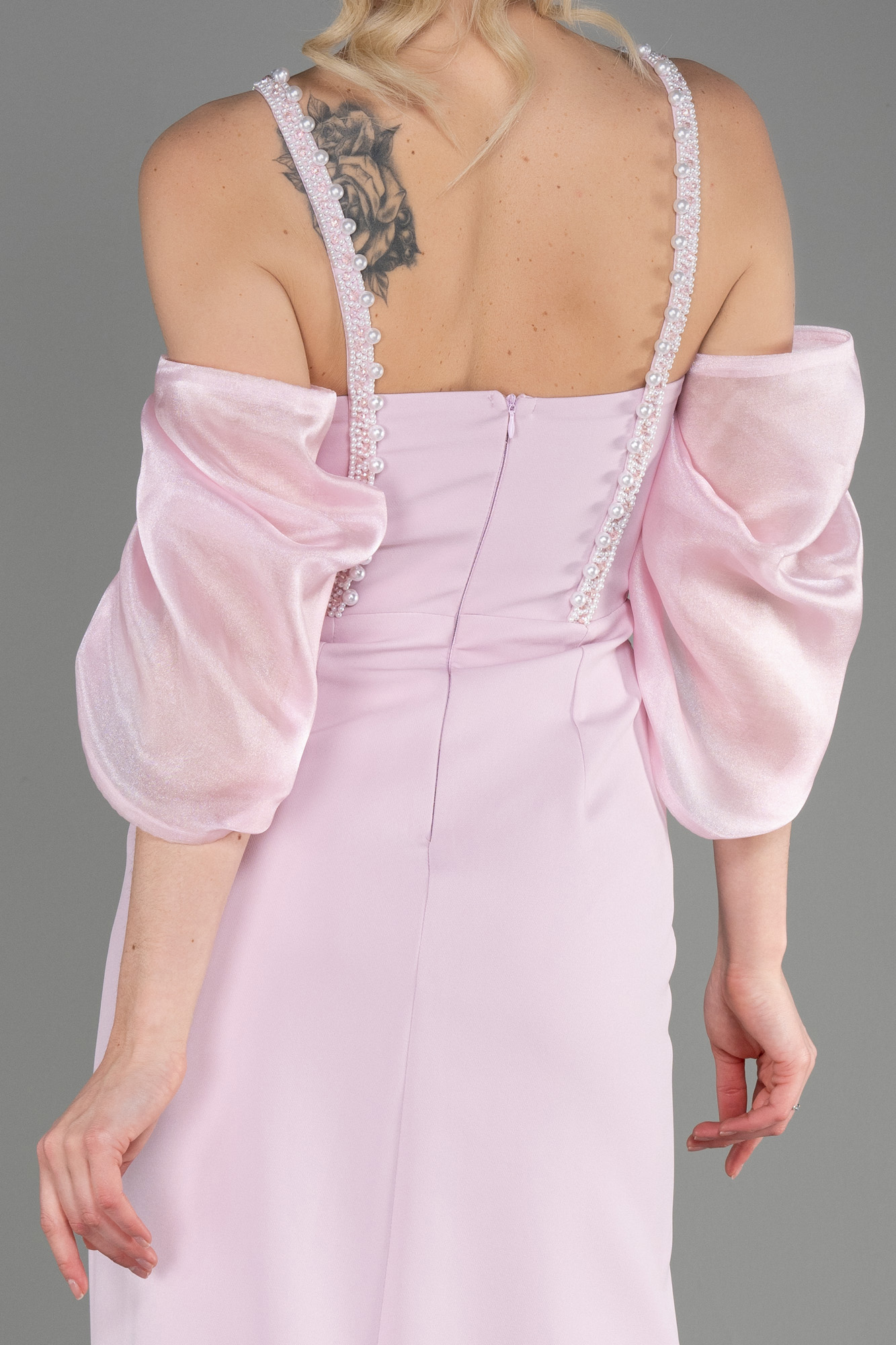 Pudra Askılı Kol Aksesuarlı Yırtmaçlı Uzun Abiye ABU2911 - Görsel 4