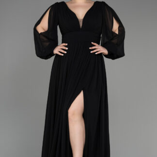 Siyah Uzun Kol Şifon Büyük Beden Abiye ABU1988