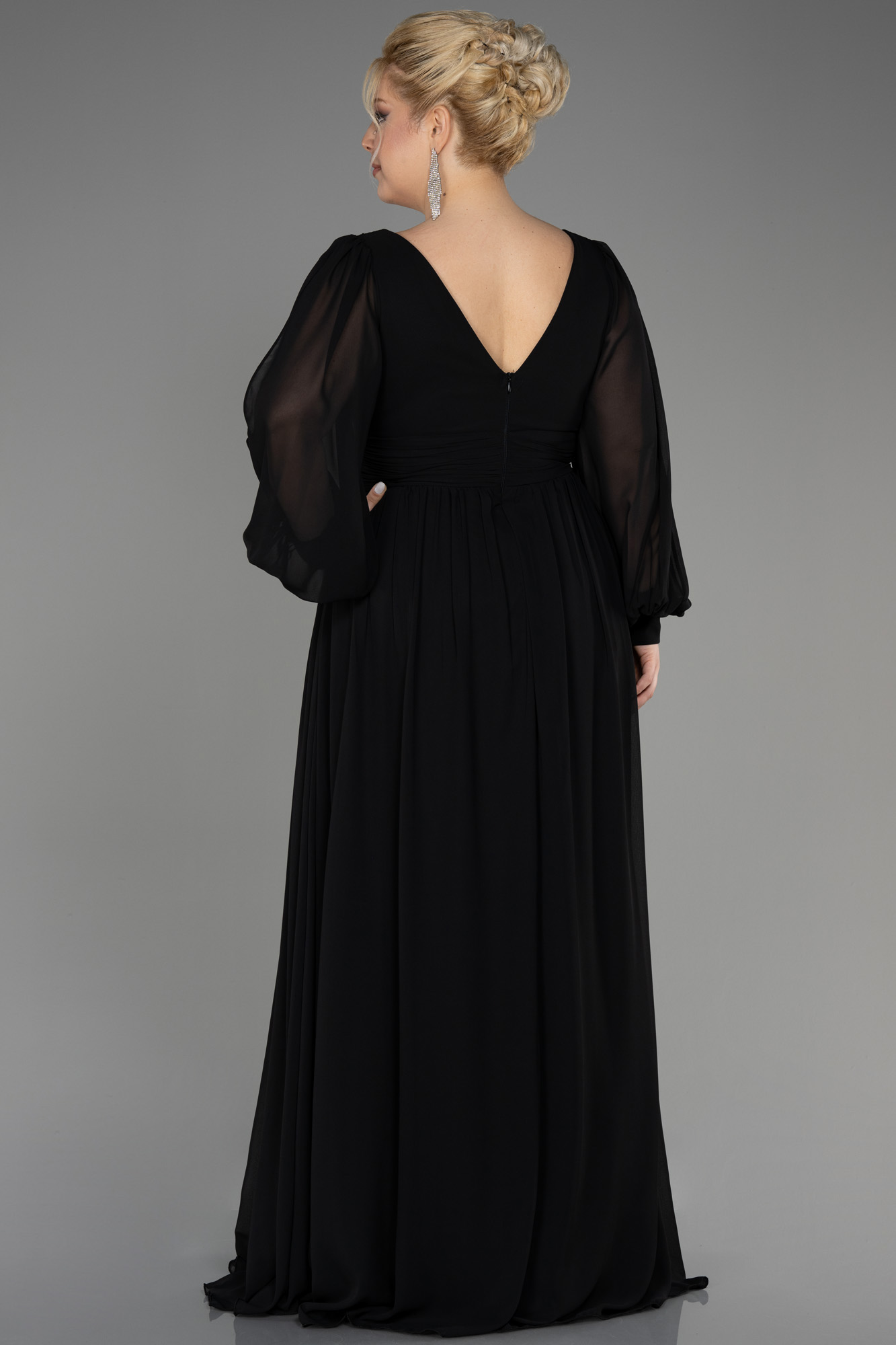 Siyah Uzun Kol Şifon Büyük Beden Abiye ABU1988 - Görsel 2