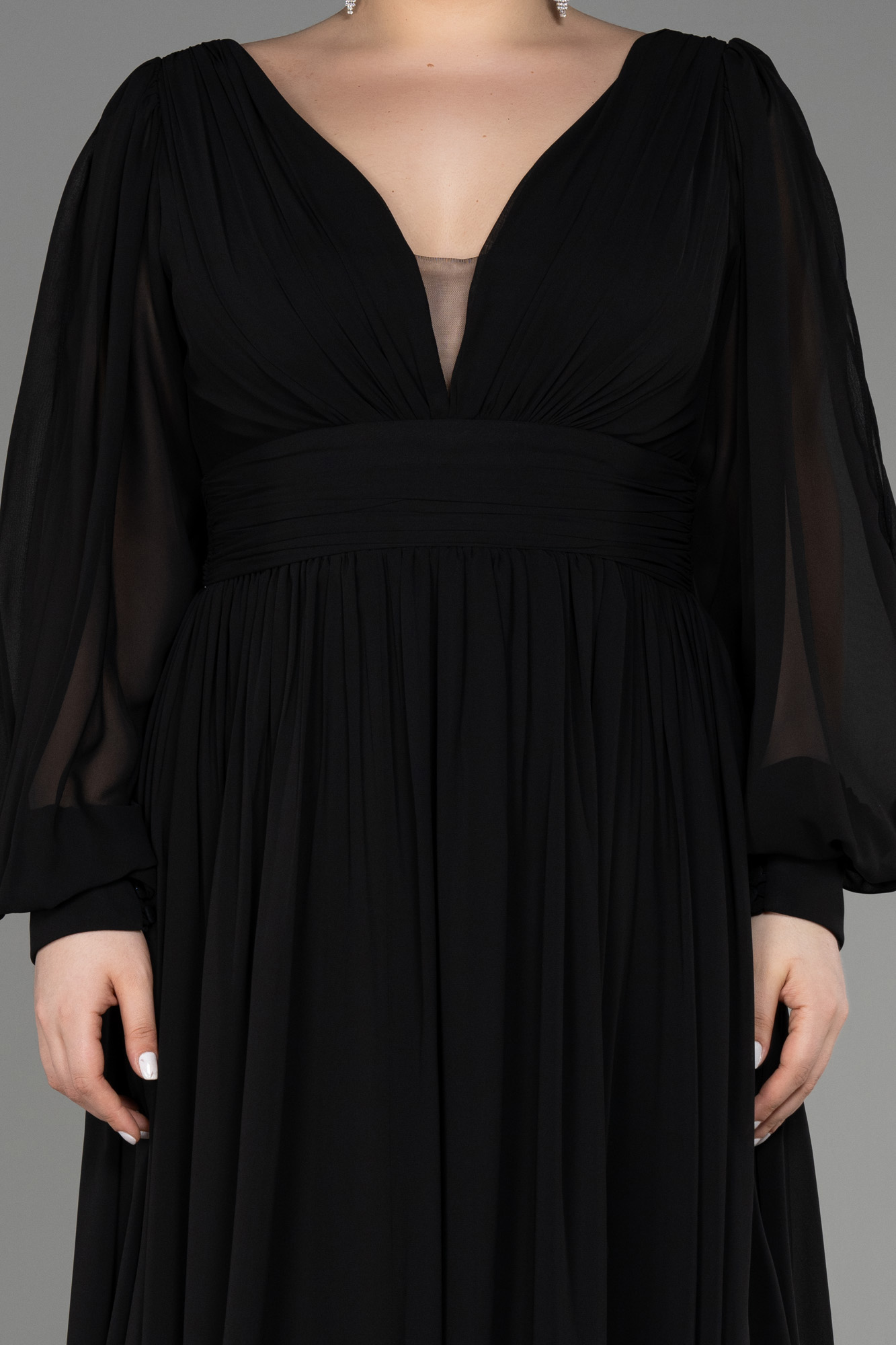 Siyah Uzun Kol Şifon Büyük Beden Abiye ABU1988 - Görsel 3