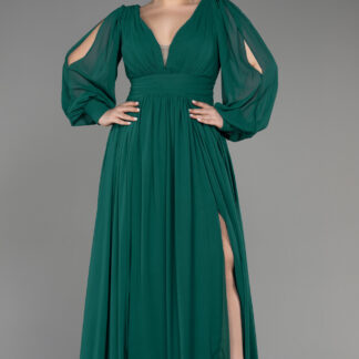 Zümrüt Yeşili Uzun Kol Şifon Büyük Beden Abiye ABU1988