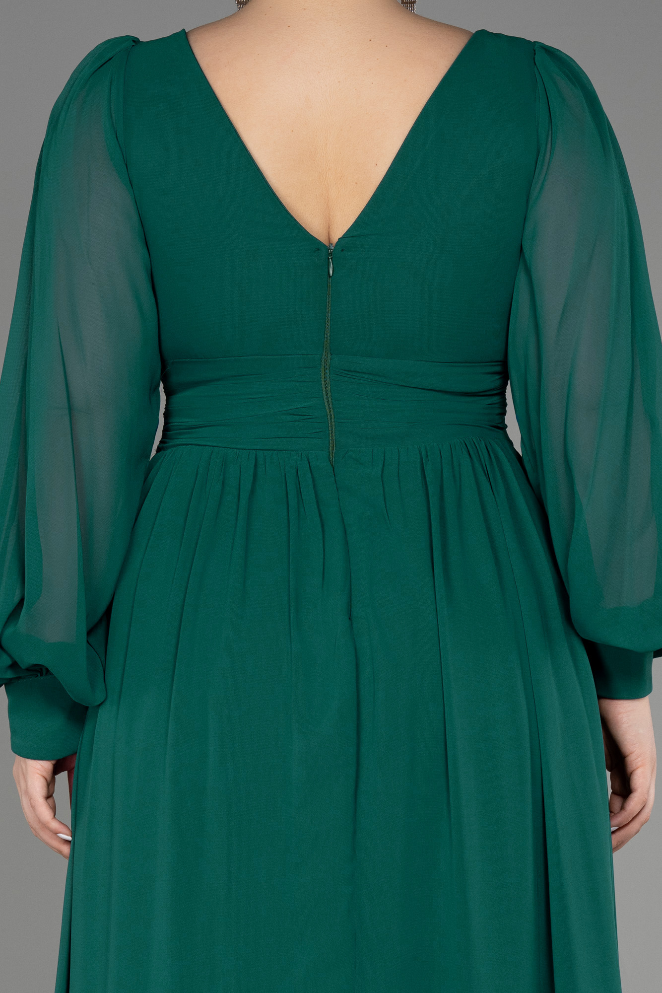 Zümrüt Yeşili Uzun Kol Şifon Büyük Beden Abiye ABU1988 - Görsel 4