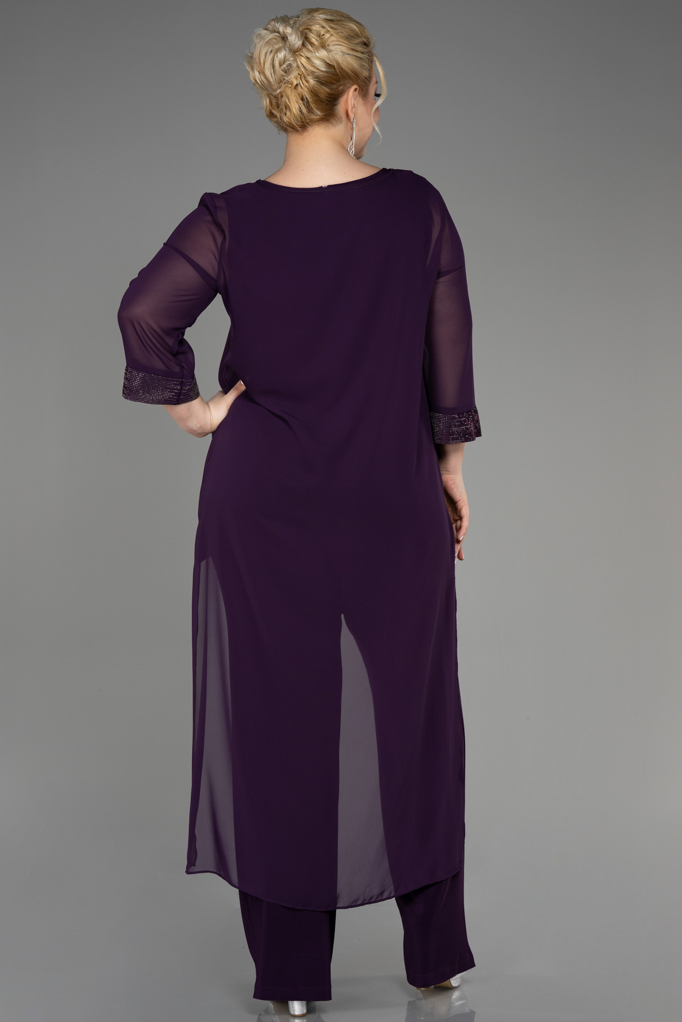 Koyu Mor Kapri Kol Şifon Büyük Beden Abiye Tulum ABT083 - Görsel 2
