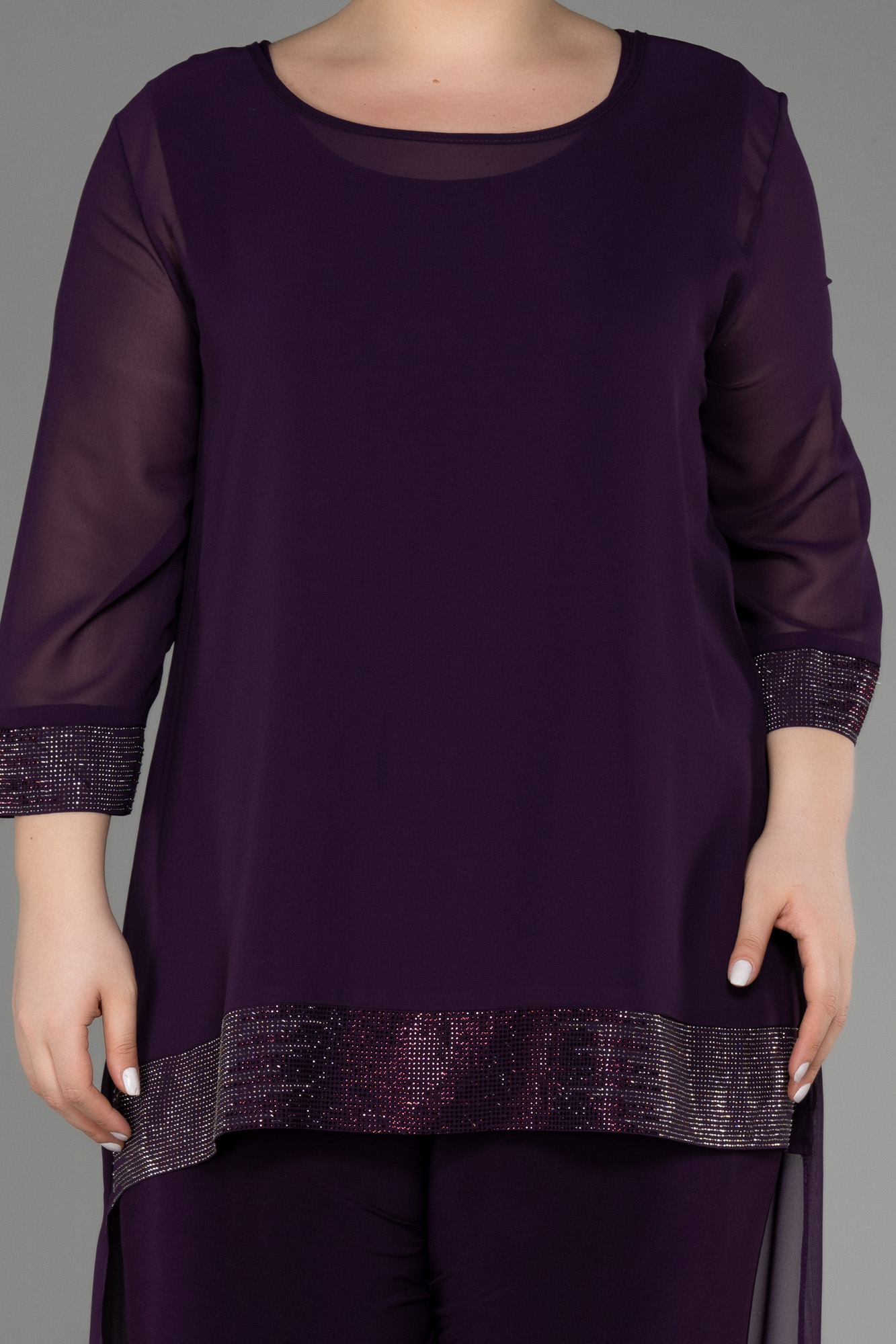 Koyu Mor Kapri Kol Şifon Büyük Beden Abiye Tulum ABT083 - Görsel 3