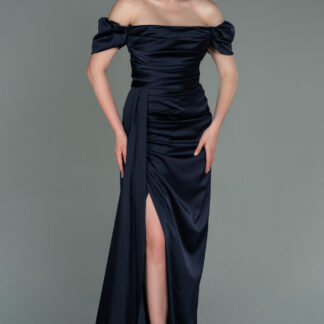 Lacivert Kayık Yaka Kuyruklu Uzun Saten Abiye ABU1606