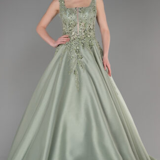 Mint İşlemeli Kare Yaka Uzun Özel Tasarım Abiye ABU3745