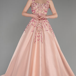 Pudra İşlemeli Kare Yaka Uzun Özel Tasarım Abiye ABU3746