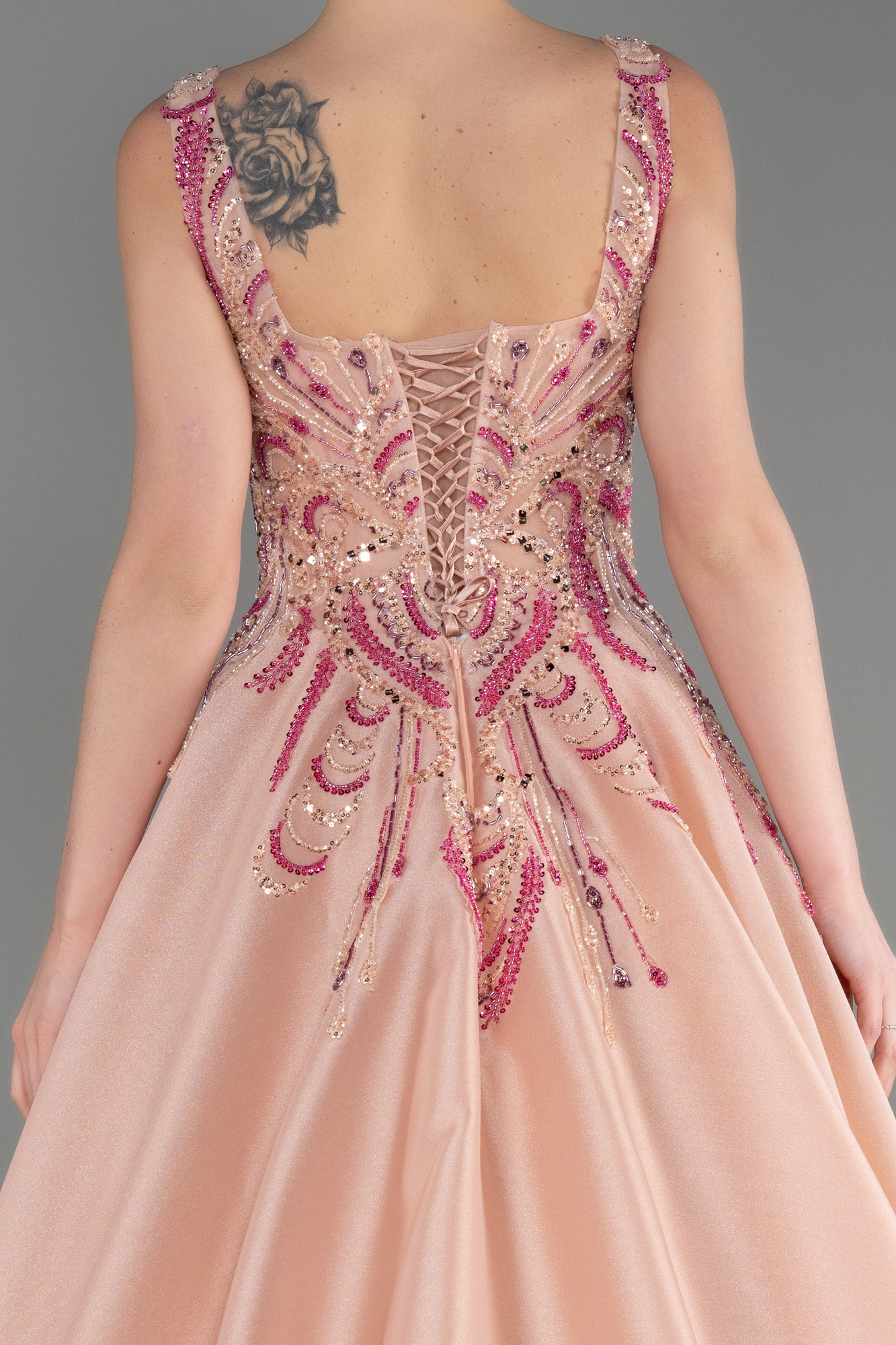 Pudra İşlemeli Kare Yaka Uzun Özel Tasarım Abiye ABU3746 - Görsel 4