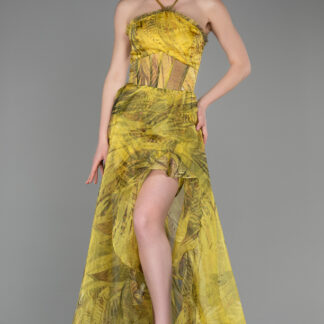 Fıstık Yeşili Bacak Dekolte Uzun Empirme Abiye Elbise ABU3763