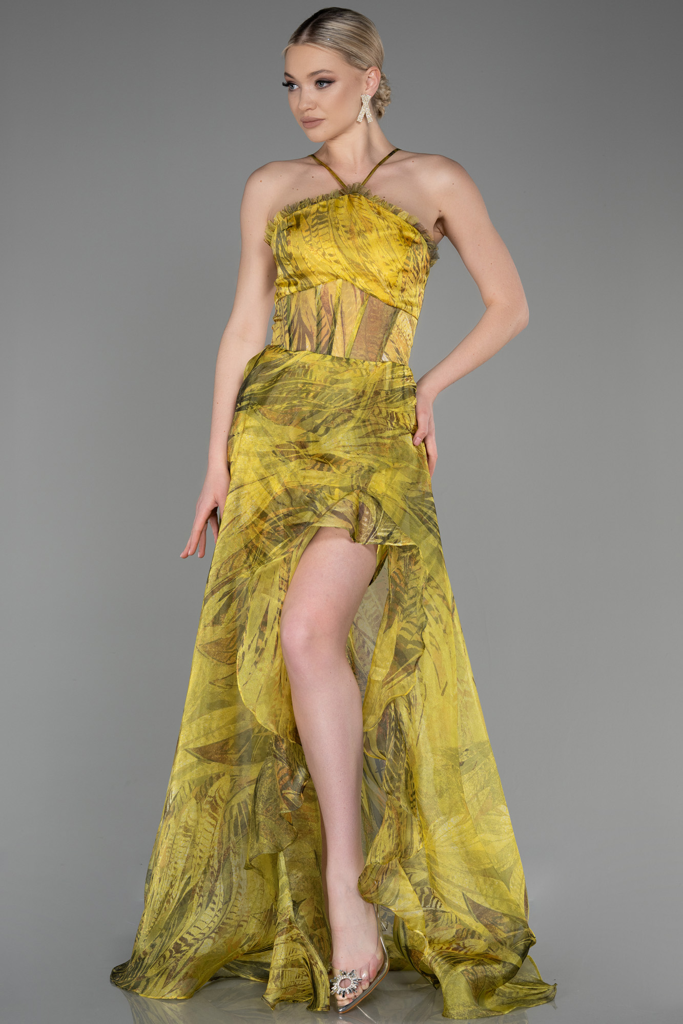 Fıstık Yeşili Bacak Dekolte Uzun Empirme Abiye Elbise ABU3763