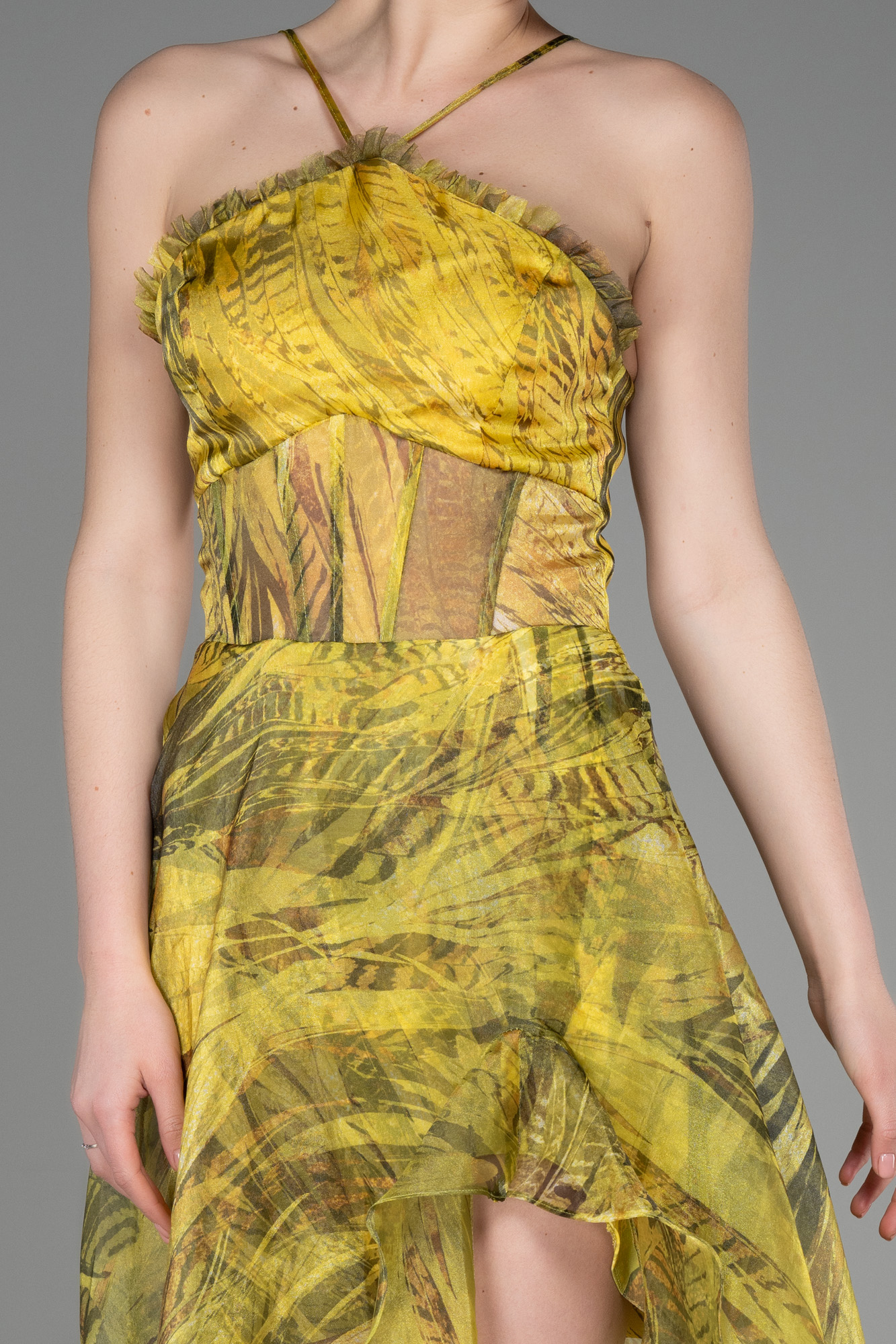 Fıstık Yeşili Bacak Dekolte Uzun Empirme Abiye Elbise ABU3763 - Görsel 3