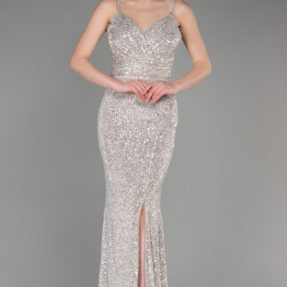 Vizon Sırt Ve Bacak Dekolteli Uzun Pul Payet Abiye ABU3768