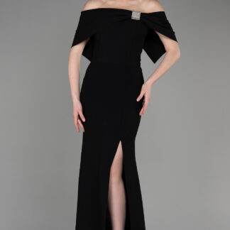 Siyah Kayık Yaka Bacak Dekolteli Uzun Abiye ABU3775