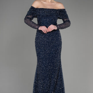 Lacivert Kayık Yaka Uzun Kol Taşlı Balık Abiye ABU3756