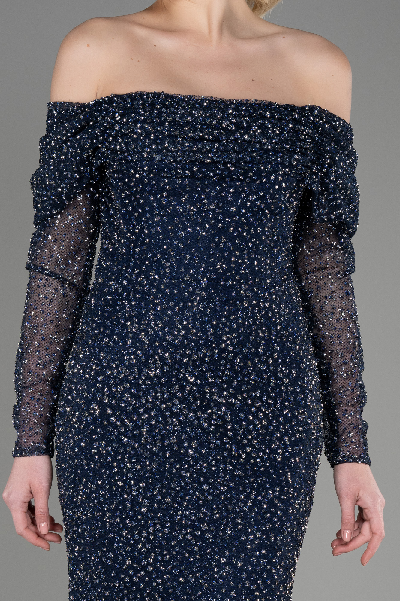 Lacivert Kayık Yaka Uzun Kol Taşlı Balık Abiye ABU3756 - Görsel 3