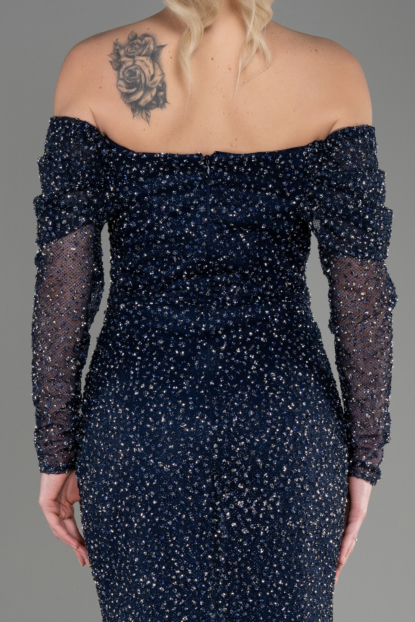 Lacivert Kayık Yaka Uzun Kol Taşlı Balık Abiye ABU3756 - Görsel 4