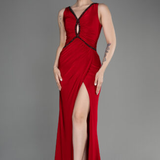 Kırmızı Bacak Dekolte Uzun Balık Abiye Elbise ABU3782