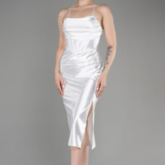 Ekru Drapeli Yaka Midi Saten Davet Elbisesi ABK2019