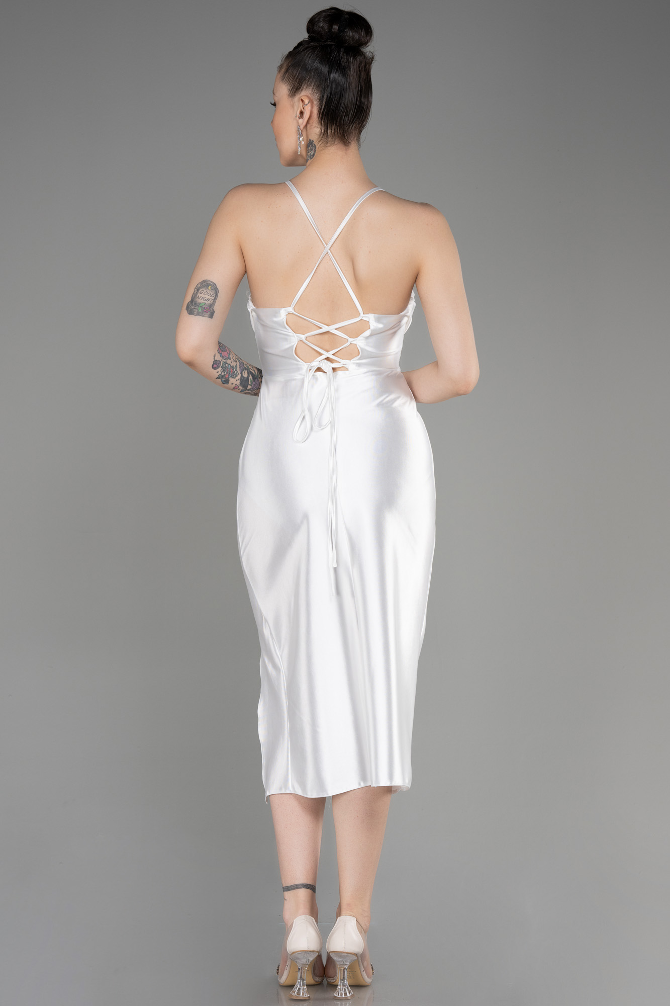 Ekru Drapeli Yaka Midi Saten Davet Elbisesi ABK2019 - Görsel 2