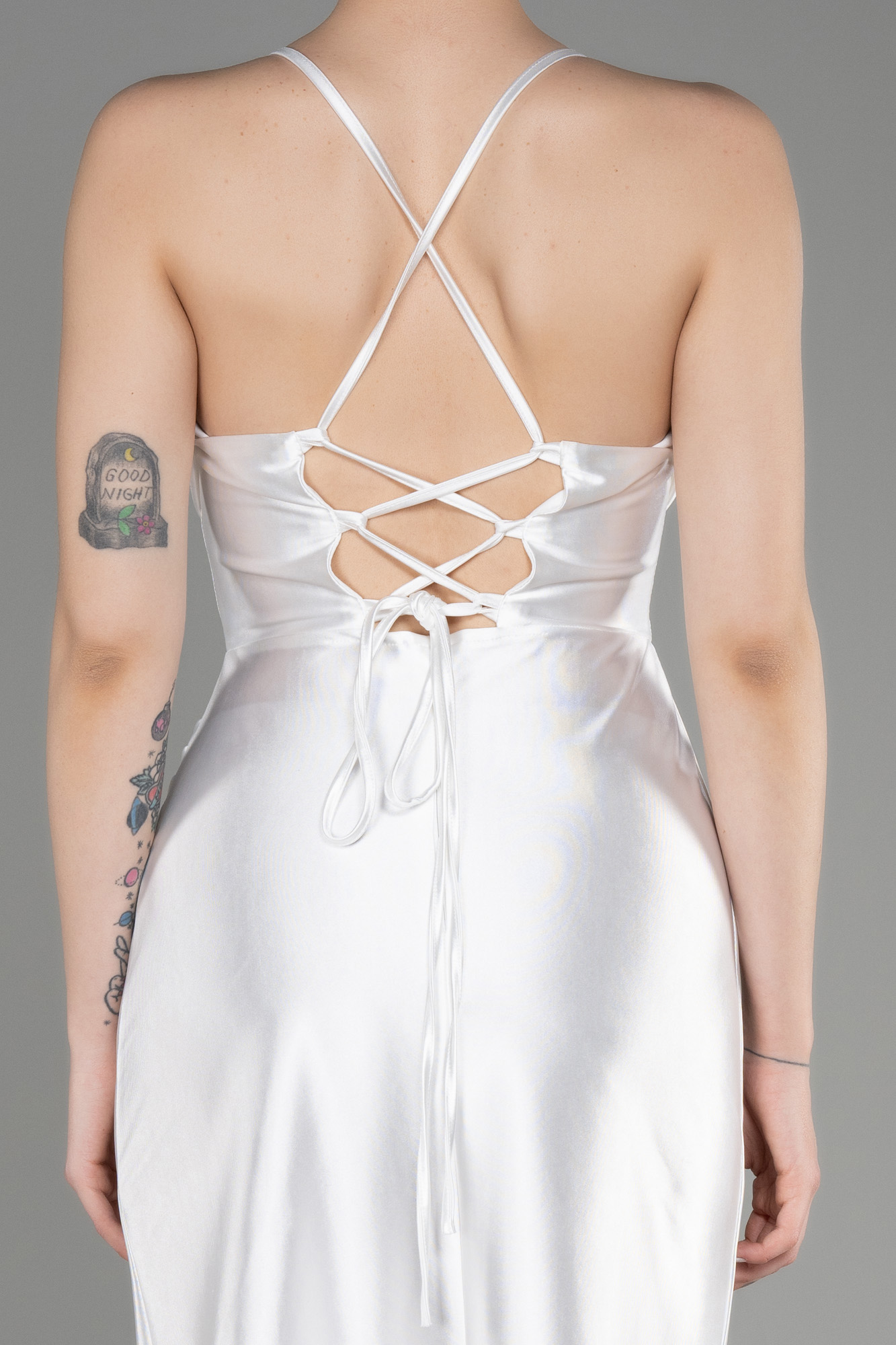 Ekru Drapeli Yaka Midi Saten Davet Elbisesi ABK2019 - Görsel 4