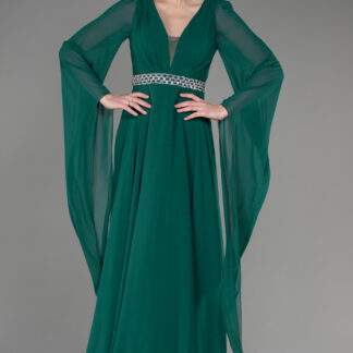 Zümrüt Yeşili Uzun Şal Kol V Yaka Şifon Abiye Elbise ABU3541