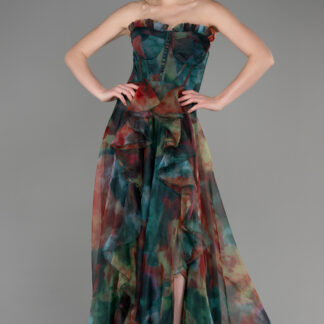 Çok Renkli Straplez Volan Yırtmaçlı Empirme Uzun Abiye ABU3360