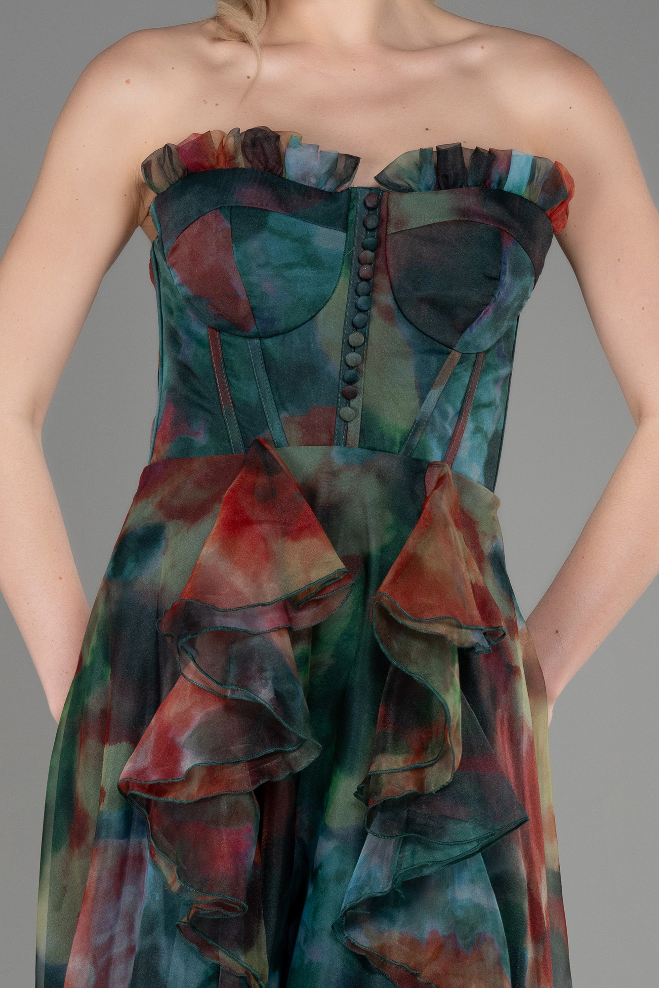 Çok Renkli Straplez Volan Yırtmaçlı Empirme Uzun Abiye ABU3360 - Görsel 3